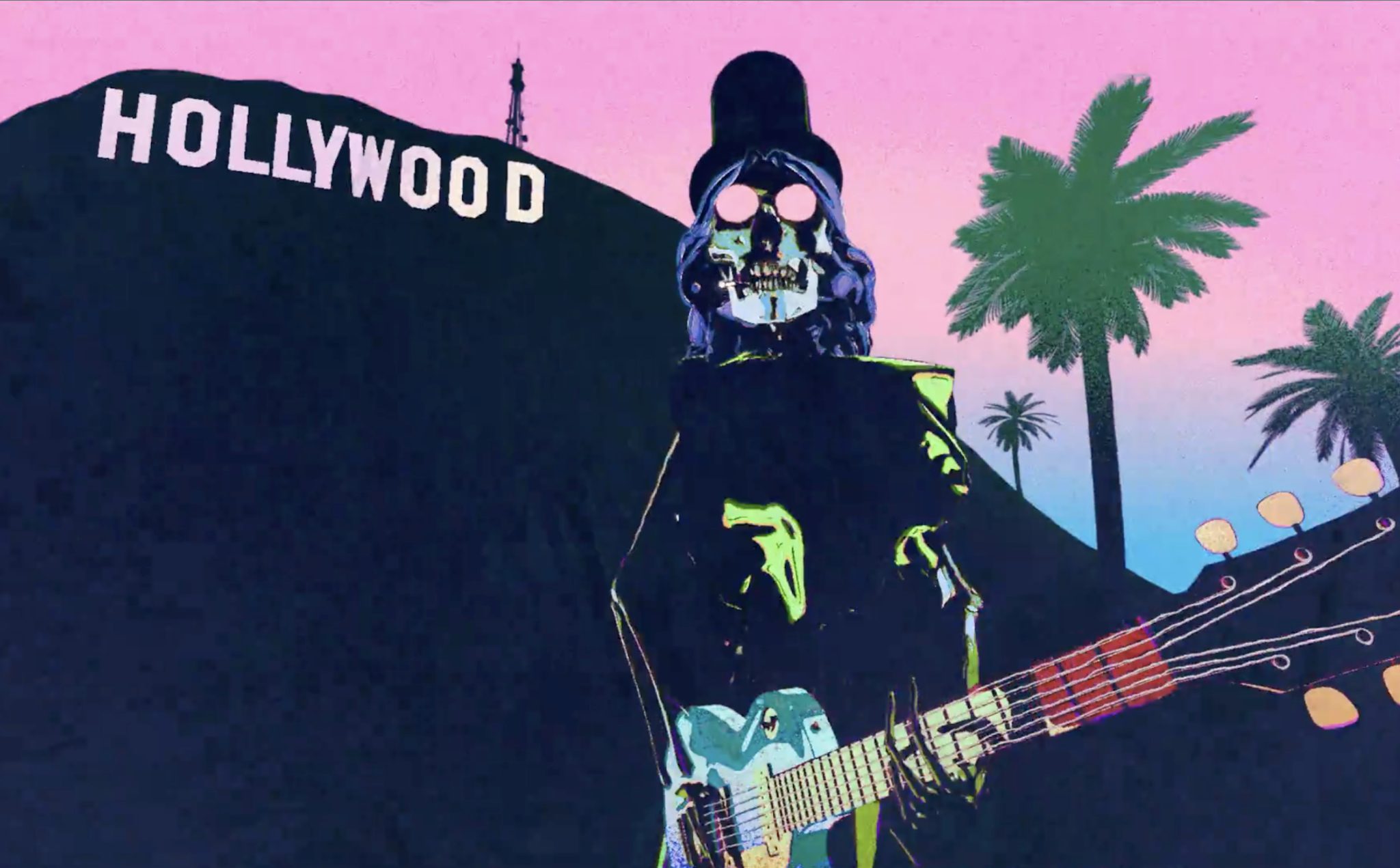 Guns N’ Roses: stylised animated guitarist and Hollywood backdrop