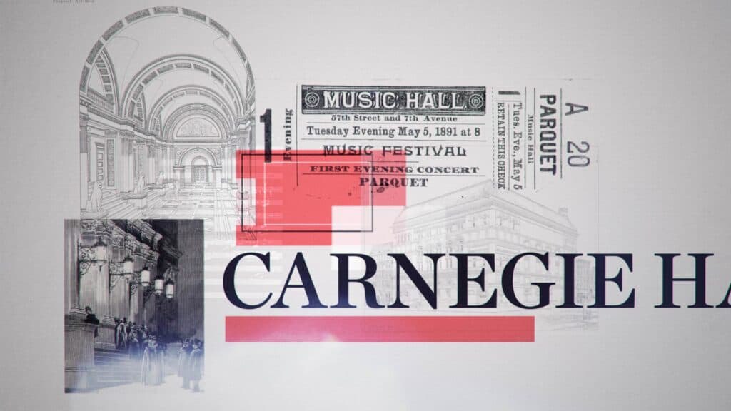 Carnegie Hall: opening title with historic architectural illustrations