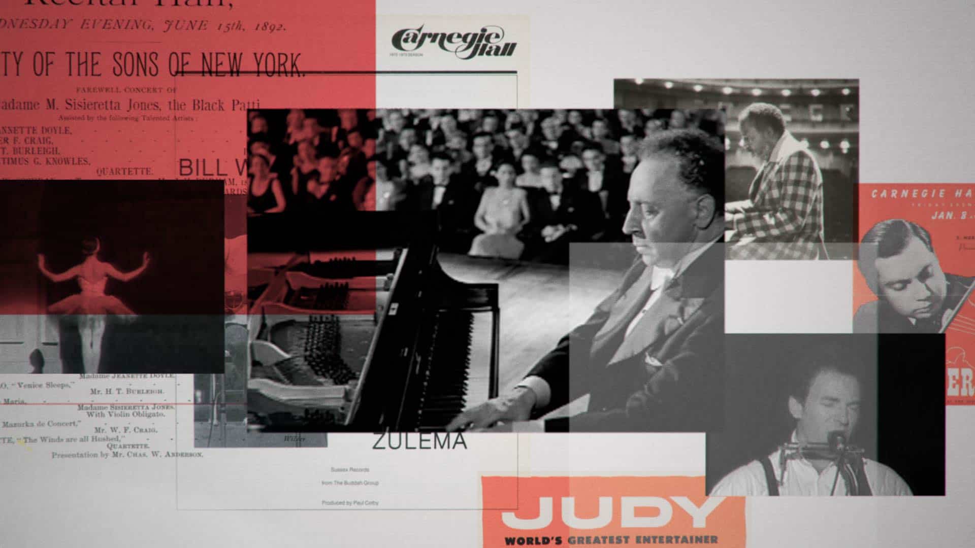 Carnegie Hall: archival performance images and red graphic shapes